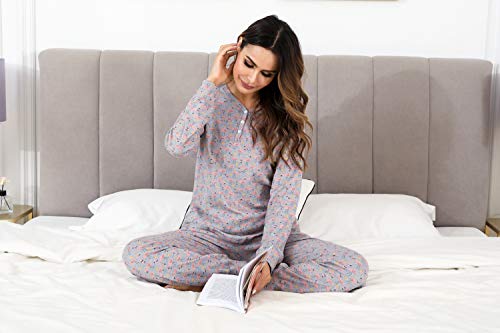 Hawiton Pijamas Mujer Invierno Manga Larga Conjunto de Pijama para Mujer Algodón Pantalones Largo Ropa de Casa 2 Piezas, Gris, S