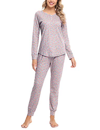Hawiton Pijamas Mujer Invierno Manga Larga Conjunto de Pijama para Mujer Algodón Pantalones Largo Ropa de Casa 2 Piezas, Gris, S