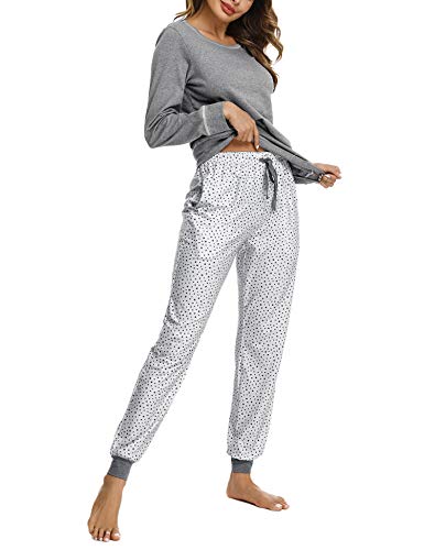 Hawiton Pijamas Mujer Invierno Manga Larga Conjunto de Pijama para Mujer Algodón Pantalones Largo Ropa de Casa 2 Piezas, Gris, XL