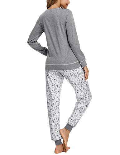 Hawiton Pijamas Mujer Invierno Manga Larga Conjunto de Pijama para Mujer Algodón Pantalones Largo Ropa de Casa 2 Piezas, Gris, XL