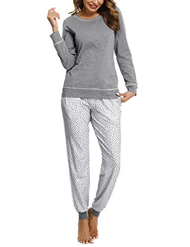 Hawiton Pijamas Mujer Invierno Manga Larga Conjunto de Pijama para Mujer Algodón Pantalones Largo Ropa de Casa 2 Piezas, Gris, XL