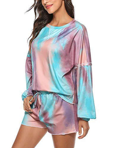 Hawiton Pijamas Mujer Verano Corto cómodo,Fresco Tie-Dye Estampado Ropa de Dormir,Mangas Larga Camiseta y Pantalones con Bolsillos 2 Piezas