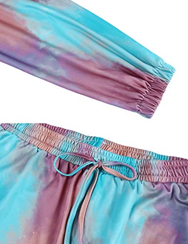 Hawiton Pijamas Mujer Verano Corto cómodo,Fresco Tie-Dye Estampado Ropa de Dormir,Mangas Larga Camiseta y Pantalones con Bolsillos 2 Piezas