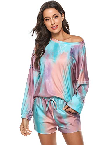 Hawiton Pijamas Mujer Verano Corto cómodo,Fresco Tie-Dye Estampado Ropa de Dormir,Mangas Larga Camiseta y Pantalones con Bolsillos 2 Piezas