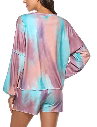 Hawiton Pijamas Mujer Verano Corto cómodo,Fresco Tie-Dye Estampado Ropa de Dormir,Mangas Larga Camiseta y Pantalones con Bolsillos 2 Piezas