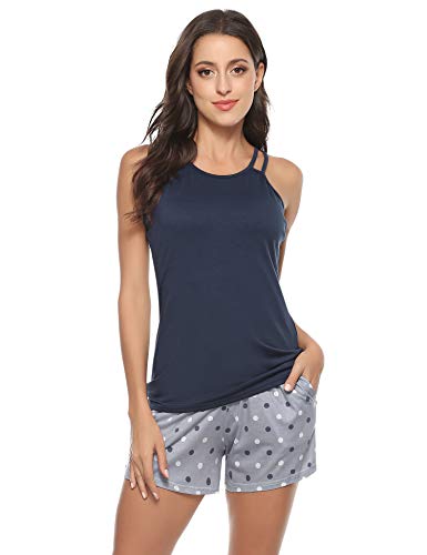 Hawiton Pijamas Mujer Verano Manga Corta Conjunto de Pijama para Mujer 2 Piezas de Ropa de Dormir Algodón Suave Loungewear, Azul Oscuro, XL