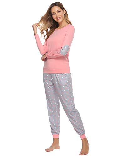 Hawiton Pijamas Mujer,Pijamas de algodón,Mangas Larga Camiseta y Pantalones de Lunares ondulados Conjunto de Ropa de Dormir 28 Piezas,Tallas Grandes, Azul,L