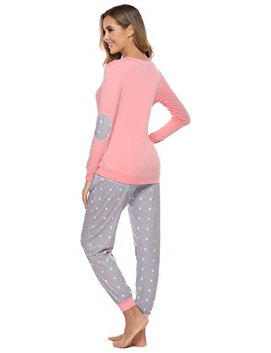 Hawiton Pijamas Mujer,Pijamas de algodón,Mangas Larga Camiseta y Pantalones de Lunares ondulados Conjunto de Ropa de Dormir 28 Piezas,Tallas Grandes, Azul,L