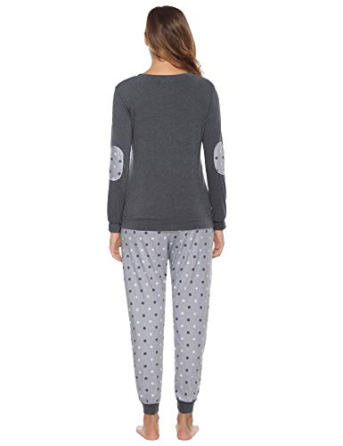 Hawiton Pijamas Mujer,Pijamas de algodón,Mangas Larga Camiseta y Pantalones de Lunares ondulados Conjunto de Ropa de Dormir 9 Piezas,Tallas Grandes, Azul,L