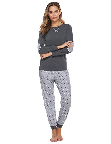 Hawiton Pijamas Mujer,Pijamas de algodón,Mangas Larga Camiseta y Pantalones de Lunares ondulados Conjunto de Ropa de Dormir 9 Piezas,Tallas Grandes, Azul,L