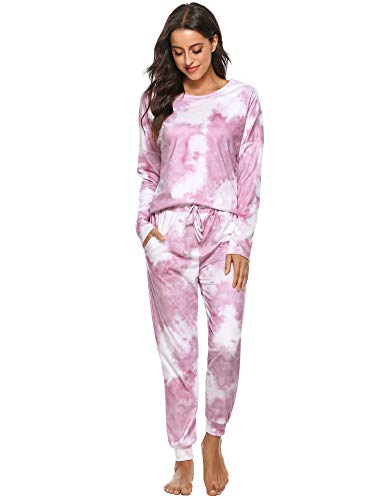 Hawiton Pijamas para Mujer Invierno,Mangas Larga Calentito Conjunto de Pijama Dos Piezas,Ropa de Dormir de Estampados de Tie Dye,Talla Grande