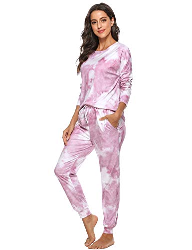 Hawiton Pijamas para Mujer Invierno,Mangas Larga Calentito Conjunto de Pijama Dos Piezas,Ropa de Dormir de Estampados de Tie Dye,Talla Grande