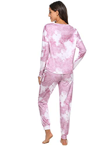 Hawiton Pijamas para Mujer Invierno,Mangas Larga Calentito Conjunto de Pijama Dos Piezas,Ropa de Dormir de Estampados de Tie Dye,Talla Grande