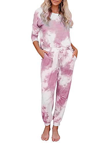 Hawiton Pijamas para Mujer Invierno,Mangas Larga Calentito Conjunto de Pijama Dos Piezas,Ropa de Dormir de Estampados de Tie Dye,Talla Grande