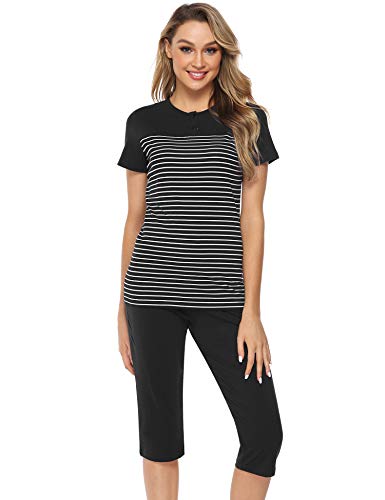Hawiton Pijamas para Mujer Verano Corto Ropa de Domir de Algodón Pijamas de Manga Corta 2 Piezas de Rayas