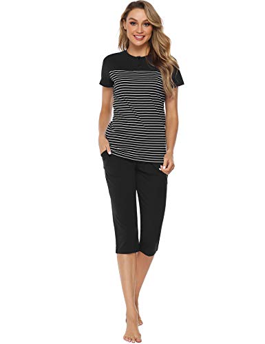 Hawiton Pijamas para Mujer Verano Corto Ropa de Domir de Algodón Pijamas de Manga Corta 2 Piezas de Rayas