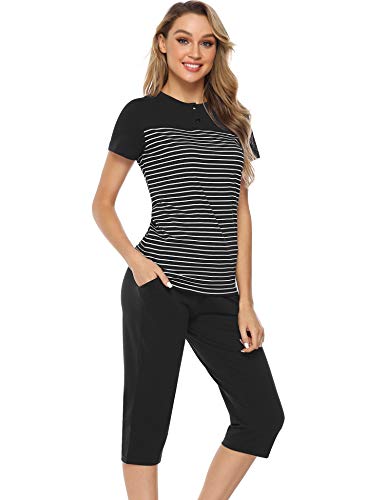 Hawiton Pijamas para Mujer Verano Corto Ropa de Domir de Algodón Pijamas de Manga Corta 2 Piezas de Rayas