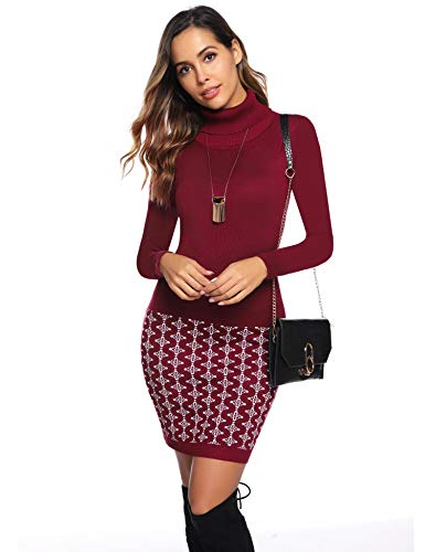Hawiton Vestido de Punto para Mujer Vestido de Suéter de Cuello Alto de Manga Larga Dobladillo Estampado Vestido de Invierno