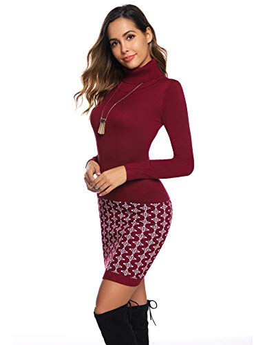 Hawiton Vestido de Punto para Mujer Vestido de Suéter de Cuello Alto de Manga Larga Dobladillo Estampado Vestido de Invierno