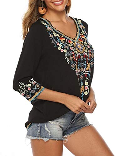 H&E blusa de mujer con bordado mexicano bohemio Negro Negro ( XXL