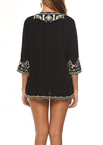 H&E blusa de mujer con bordado mexicano bohemio Negro Negro ( XXL