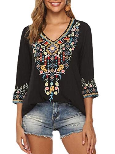 H&E blusa de mujer con bordado mexicano bohemio Negro Negro ( XXL