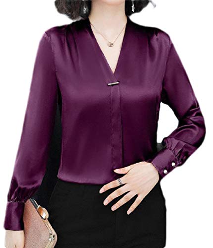 H&E Blusa de seda de satén de manga larga con cuello en V para mujer