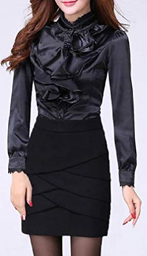 H&E Camisas de Volantes de Encaje Victoriano Lolita con Cuello Alto para Mujer Negro Negro (L