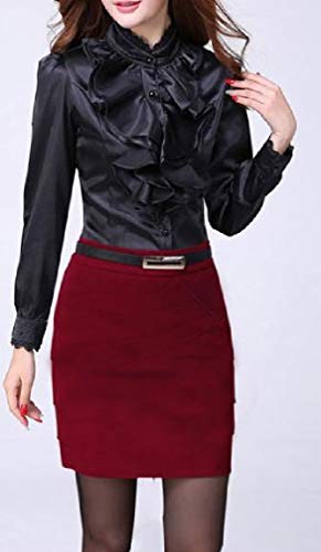 H&E Camisas de Volantes de Encaje Victoriano Lolita con Cuello Alto para Mujer Negro Negro (L