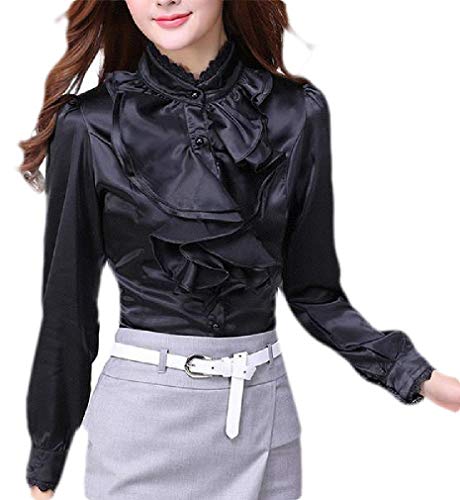 H&E Camisas de Volantes de Encaje Victoriano Lolita con Cuello Alto para Mujer Negro Negro (L