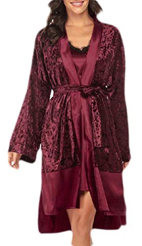 H&E - Kimono de Terciopelo para Mujer, 2 Piezas, con cinturón Rojo Burdeos M