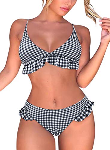 heekpek Bikini a Cuadros Top Triángulo Relleno Braga con Volantes para Mujer