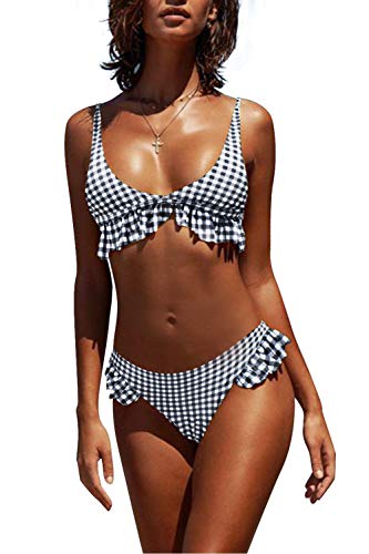heekpek Bikini a Cuadros Top Triángulo Relleno Braga con Volantes para Mujer