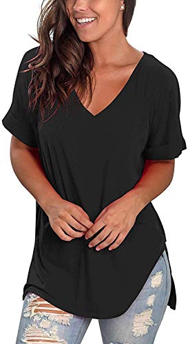 heekpek Blusas de Moda Verano Mujer Blusas y Camisas de Mujer Ropa Mujer Verano Tops Mujer Camisas OversizedColor Sólido V Neck Negro Blanco Camisa Manga Corta Plus Size