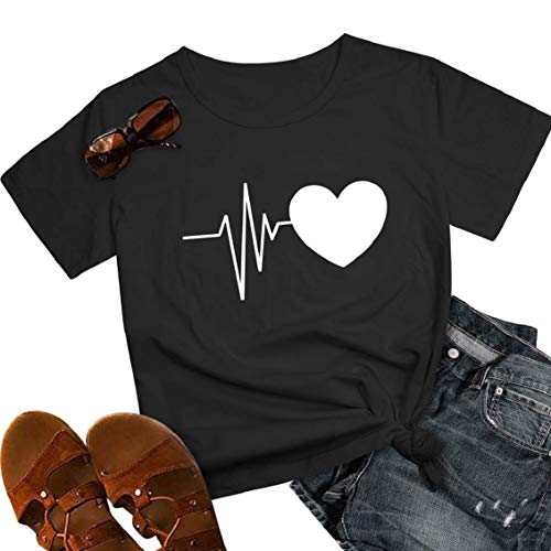 heekpek Camisetas Mujer Verano Manga Corta Casual Camiseta Holgada con Estampado de Amor y Labios T-Shirt Mujer Short Sleeve Shirt
