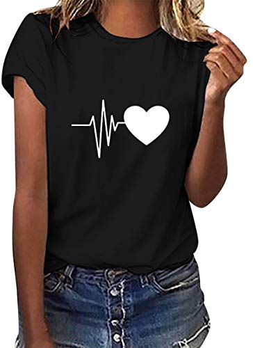 heekpek Camisetas Mujer Verano Manga Corta Casual Camiseta Holgada con Estampado de Amor y Labios T-Shirt Mujer Short Sleeve Shirt