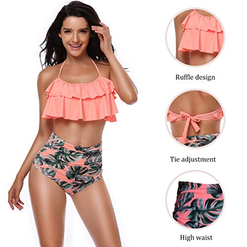 heekpek Conjunto de Bikini Mujer de Cintura Alta Traje de Baño de Dos Piezas Volantes Correas de Espagueti Bañador Plisado Estampado Rayas Ropa de Playa Tallas Grandes