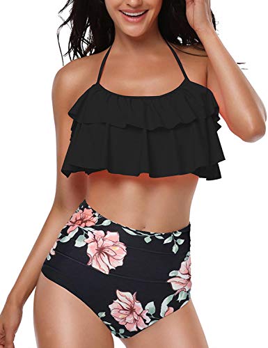 heekpek Conjunto de Bikini Mujer de Cintura Alta Traje de Baño de Dos Piezas Volantes Correas de Espagueti Bañador Plisado Estampado Rayas Ropa de Playa Tallas Grandes