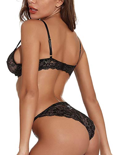 heekpek Conjunto Lencería Sexy Correas Cruzadas Encaje Transparente Sujetadores y Tanga Ropa de Dormir Mujeres de Encaje Conjunto Sexy Push Up Lencería Sexy Ropa Interior