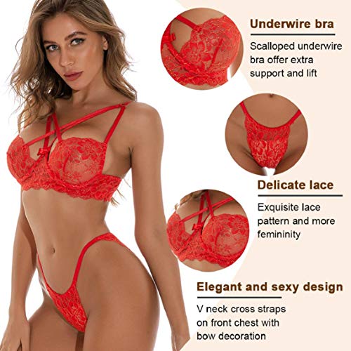 heekpek Conjunto Lencería Sexy Correas Cruzadas Encaje Transparente Sujetadores y Tanga Ropa de Dormir Mujeres de Encaje Conjunto Sexy Push Up Lencería Sexy Ropa Interior