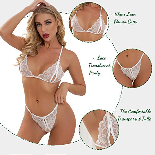 heekpek Conjuntos de Lencería Mujer Encaje Atractivo Ropa de Dormir Correa Cuello V Sin Espalda Ropa Interior Sexy Lenceria Babydoll Atractiva Ropa de Dormir Lencería Pijamas (Blanco, L-XL)