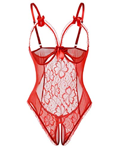 heekpek Lenceria Mujer Erotica Conjuntos de Lencería Mujer Encaje Atractivo Babydoll Ropa de Dormir Correa Cuello V Sin Espalda (Rojo, Medium)