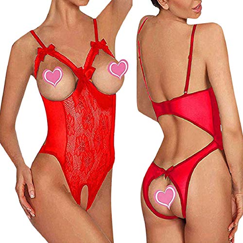 heekpek Lenceria Mujer Erotica Conjuntos de Lencería Mujer Encaje Atractivo Babydoll Ropa de Dormir Correa Cuello V Sin Espalda (Rojo, Medium)