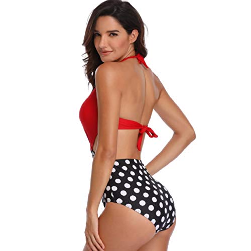 heekpek Mujeres Retro Cintura Alta Trajes de Baño Una Pieza Polka Dot Bañador Trajes de Brasileño Conjunto de Bikini Color Liso Push up Bralette