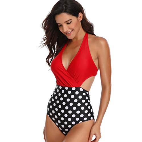 heekpek Mujeres Retro Cintura Alta Trajes de Baño Una Pieza Polka Dot Bañador Trajes de Brasileño Conjunto de Bikini Color Liso Push up Bralette