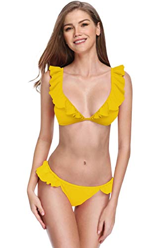 heekpek Traje de Baño Mujer Bikini Sexy con Cuello en V con Volantes Bañador Mujer Dos Piezas Moda de Playa Bikinis Brasileños