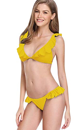 heekpek Traje de Baño Mujer Bikini Sexy con Cuello en V con Volantes Bañador Mujer Dos Piezas Moda de Playa Bikinis Brasileños