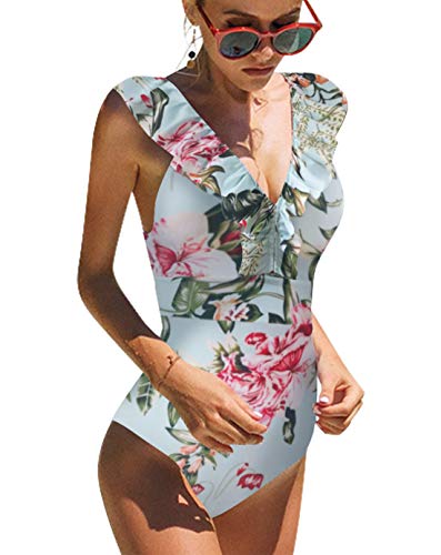 heekpek Traje De Baño Mujer Una Pieza Moda Monokini Push Up Brasileño Rayas Floral Impresión Baño Bañador Traje Bikini Bañadores De Mujer Tallas Grandes Ropa de Baño Cuello en V
