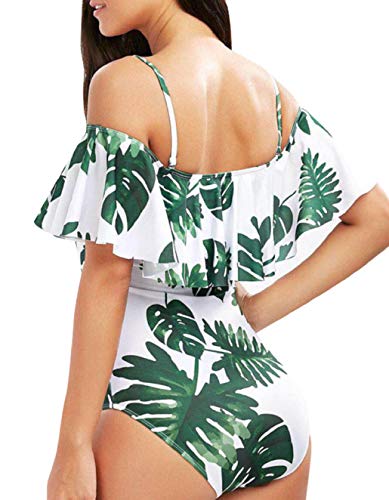 heekpek Traje de Baño Mujer una Pieza Off Shoulder Bikini Volantes High Waist Bikini Impresión de Plantas Tropicales Bañador Mujer Cintura Alta Sexy Swimsuit One Piece Swimwear Monokini