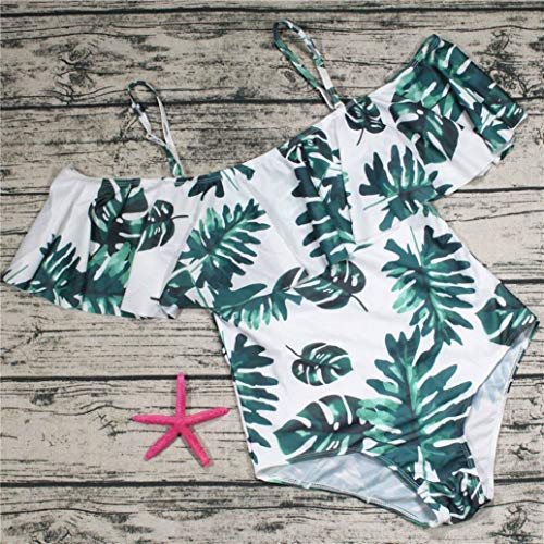 heekpek Traje de Baño Mujer una Pieza Off Shoulder Bikini Volantes High Waist Bikini Impresión de Plantas Tropicales Bañador Mujer Cintura Alta Sexy Swimsuit One Piece Swimwear Monokini
